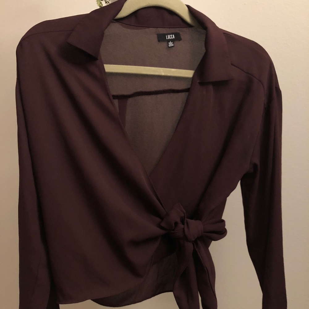 Deep maroon wrap top with collar